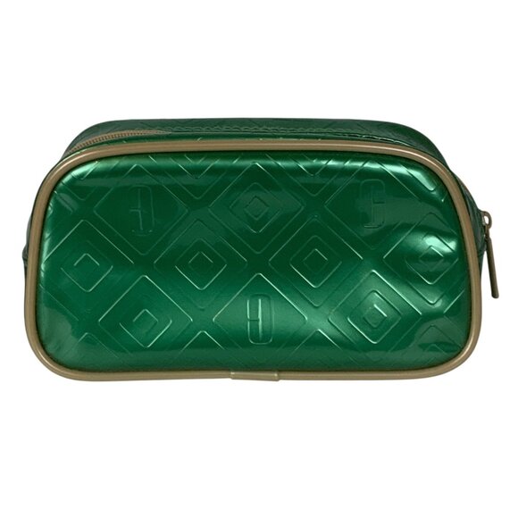 Vintage Clinique Metallic Green Cosmetic Bag Zip Closure Geometric Design - Picture 1 of 7